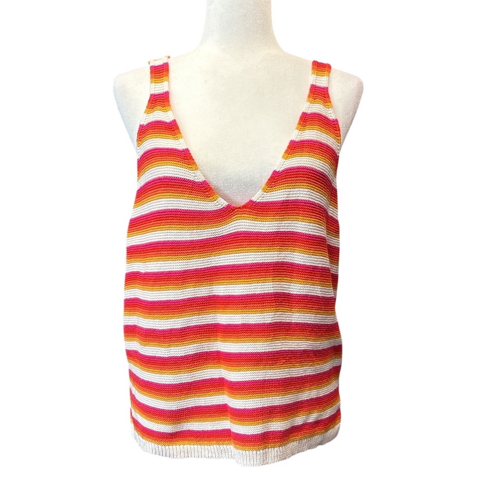 Marine Layer Cotton Womens XL Striped Knit V-Neck Tank Sweater Top Orange Pink